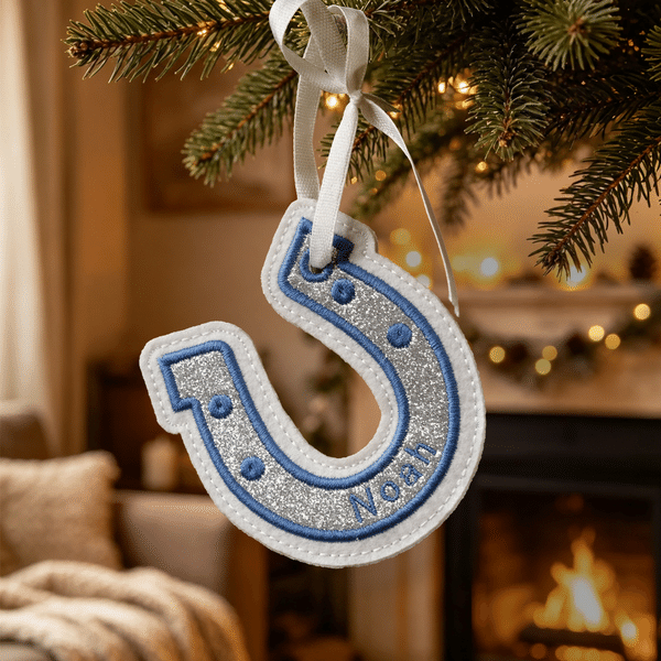 Personalised Embroidered Lucky Horseshoe Glitter U-Shaped Bag Charm with Text Back to School Baby Shower Christmas Gift for Kids Students