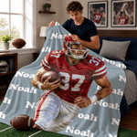 Personalized Oil Painting American Football Player Portrait Soft Throw Blanket with Name Bedroom Decor Birthday Gift for Rugby Players Teenagers
