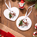 Décoration de Noël personnalisée en céramique, ronde, sur le thème de Noël : Père Noël, bonhomme de neige, sapin de Noël et cœur, avec prénom. Cadeau de Noël pour la famille et les amis.