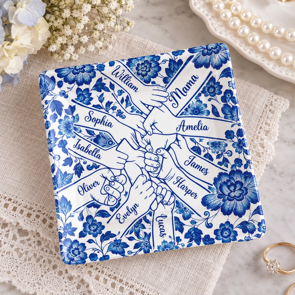 Personlig Chinoiserie Flower Hands in Hands Ceramic Trinket Smyckeskål med 1-10 namn Mors dag Födelsedagspresent till mamma mormor 3