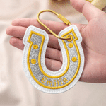 Personalised Embroidered Lucky Horseshoe Glitter U-Shaped Bag Charm with Text Back to School Baby Shower Christmas Gift for Kids Students