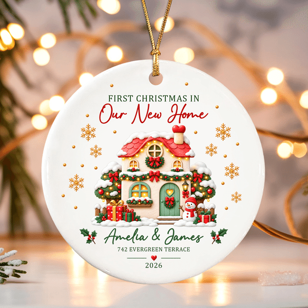 Personalised 3D-Style Art First Christmas in Our New Home Ceramic Ornament with Name Address and Year Home Decor Christmas Gift for Family Friends