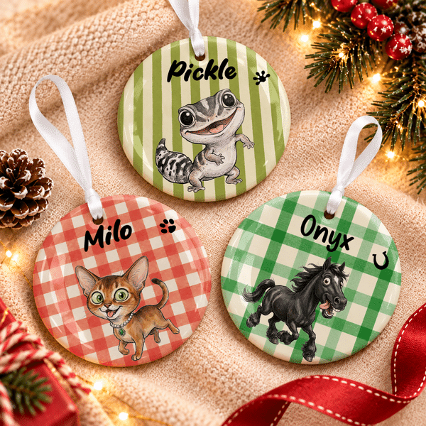 Personalised Multicolour Watercolor Style Quirky Animal Photo Ceramic Ornament with Name Christmas Gift for Family Friends Pet Owners