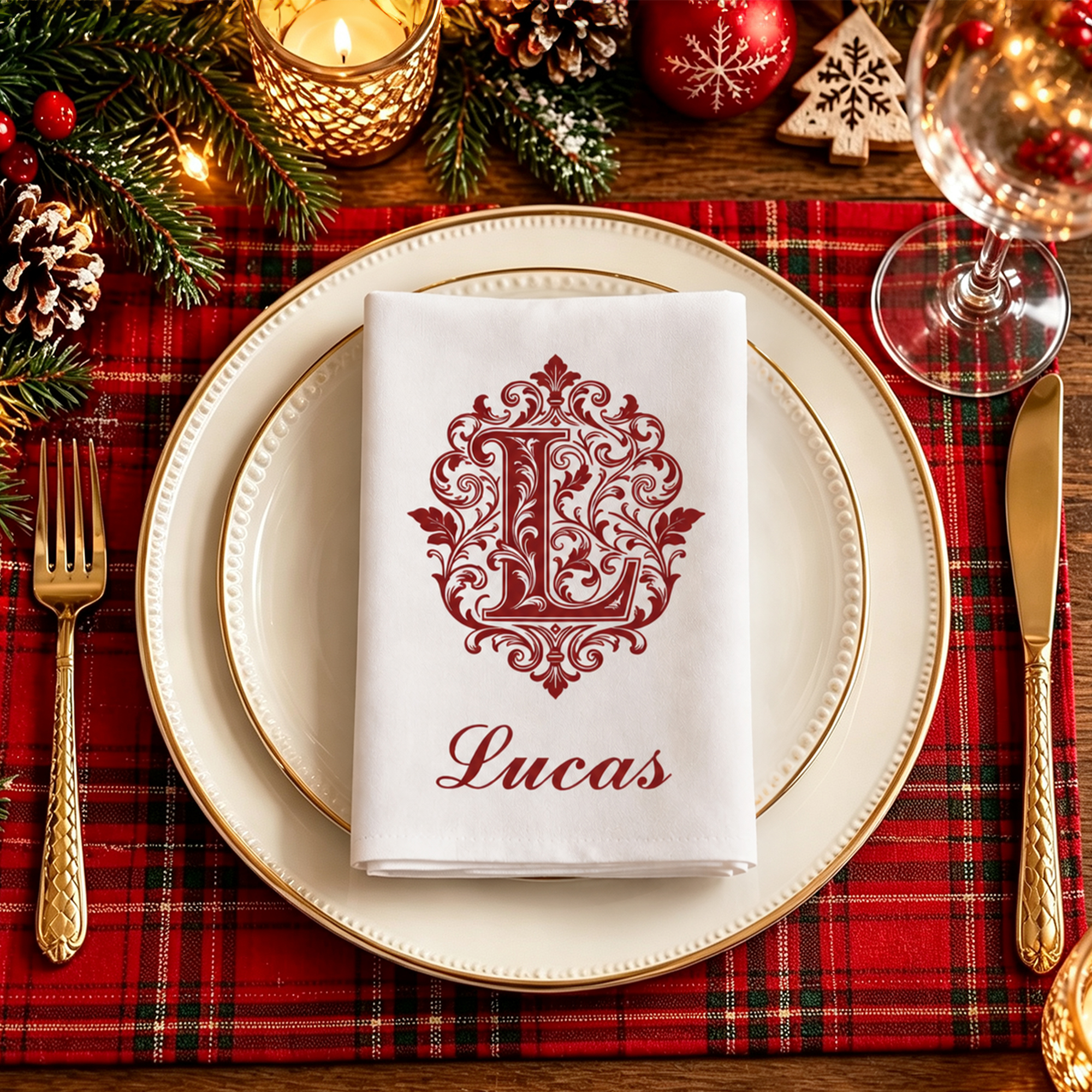 Personalisierte 100% Baumwolle Serviette mit Barock-Monogramm & Namen | Wiederverwendbar | Tischdeko | Weihnachten Geschenk für Familie & Freunde