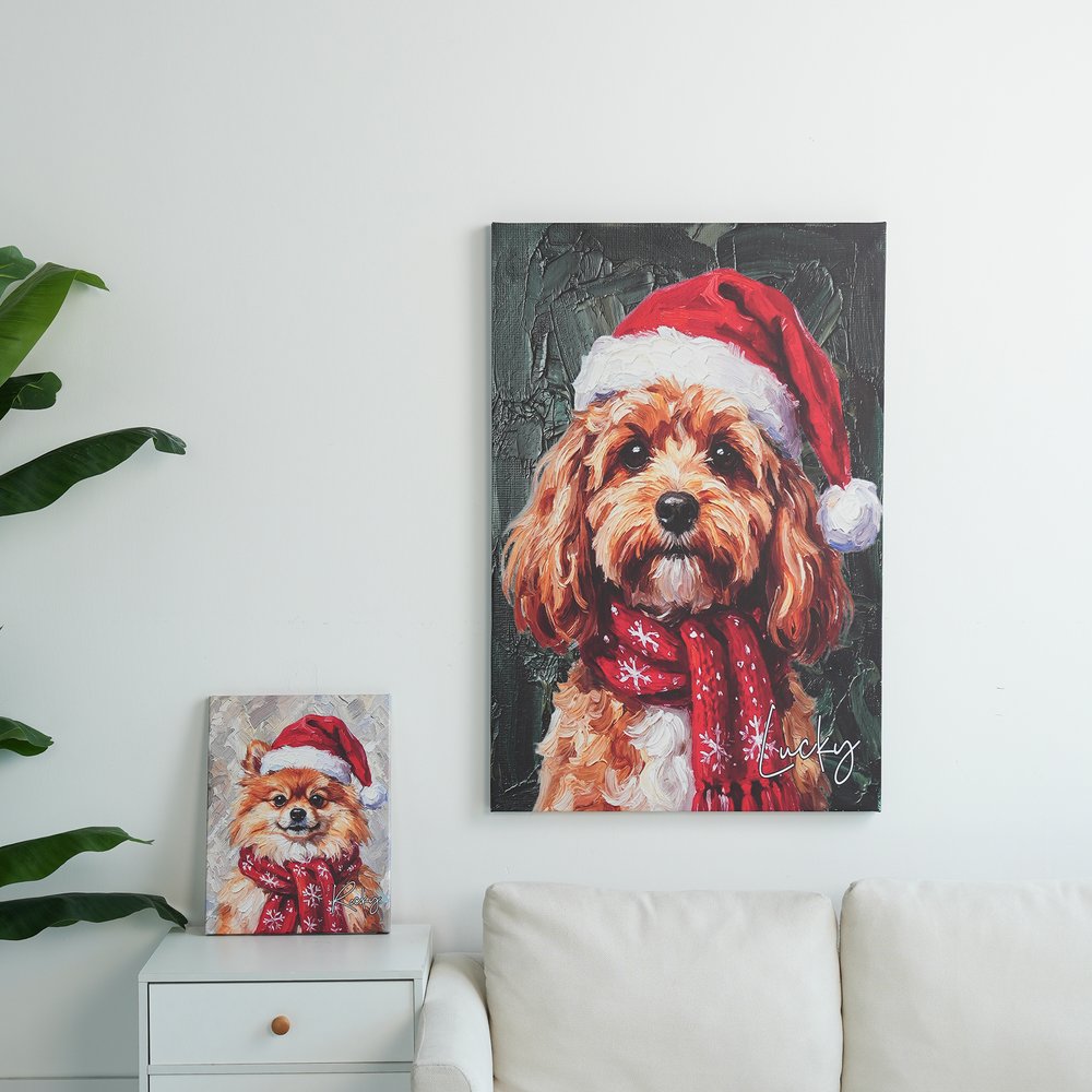 Personalised Oil Painting Style Christmas Hat Dog Cat Photo Large Canvas Prints with Name Home Decor Ship from USA Christmas Gift for Pet Owner Lover 3