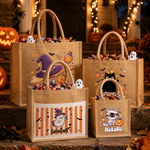 Gepersonaliseerde Halloween-cartoon: spook, zwarte kat en pompoen – grote jute draagtas met naam – Halloweenfeest- en feestdagcadeau voor kinderen (jongens en meisjes)