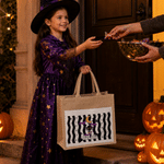 Gepersonaliseerde Halloween-cartoon: spook, zwarte kat en pompoen – grote jute draagtas met naam – Halloweenfeest- en feestdagcadeau voor kinderen (jongens en meisjes)