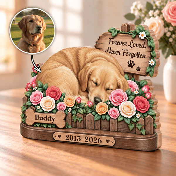 Personalized Sleeping Pet Photo Floral Layered Wooden Decoration with Name and Year Desk Decor Sympathy Memorial Gift for Dog Cat Owner Lover