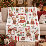 Personalised Christmas Cartoon Teddy Bear Soft Throw Blanket with Name and Initial Home Decor Christmas Gift for Kid Toddler Baby