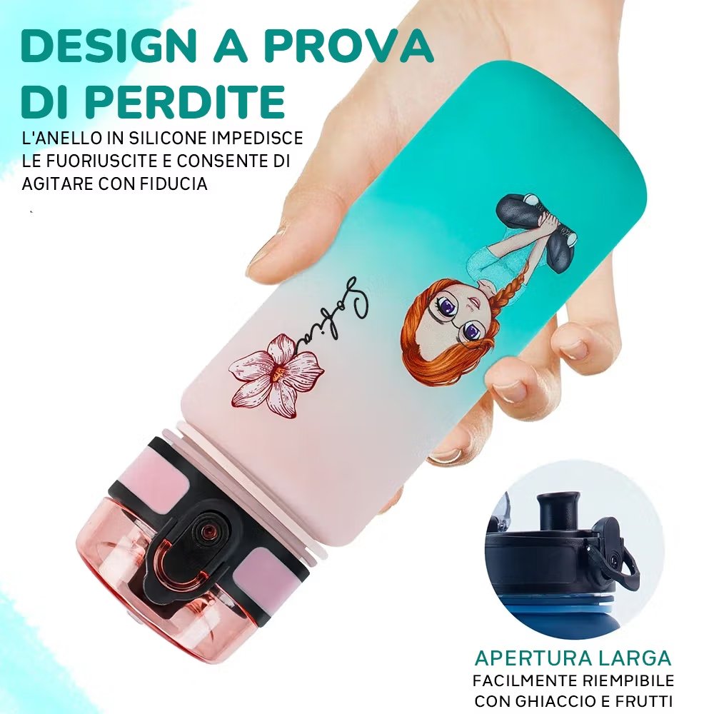 Borraccia personalizzata con nome personaggio in stile cartone animato e fiore di nascita colore sfumato sport regalo di compleanno per famiglia 8