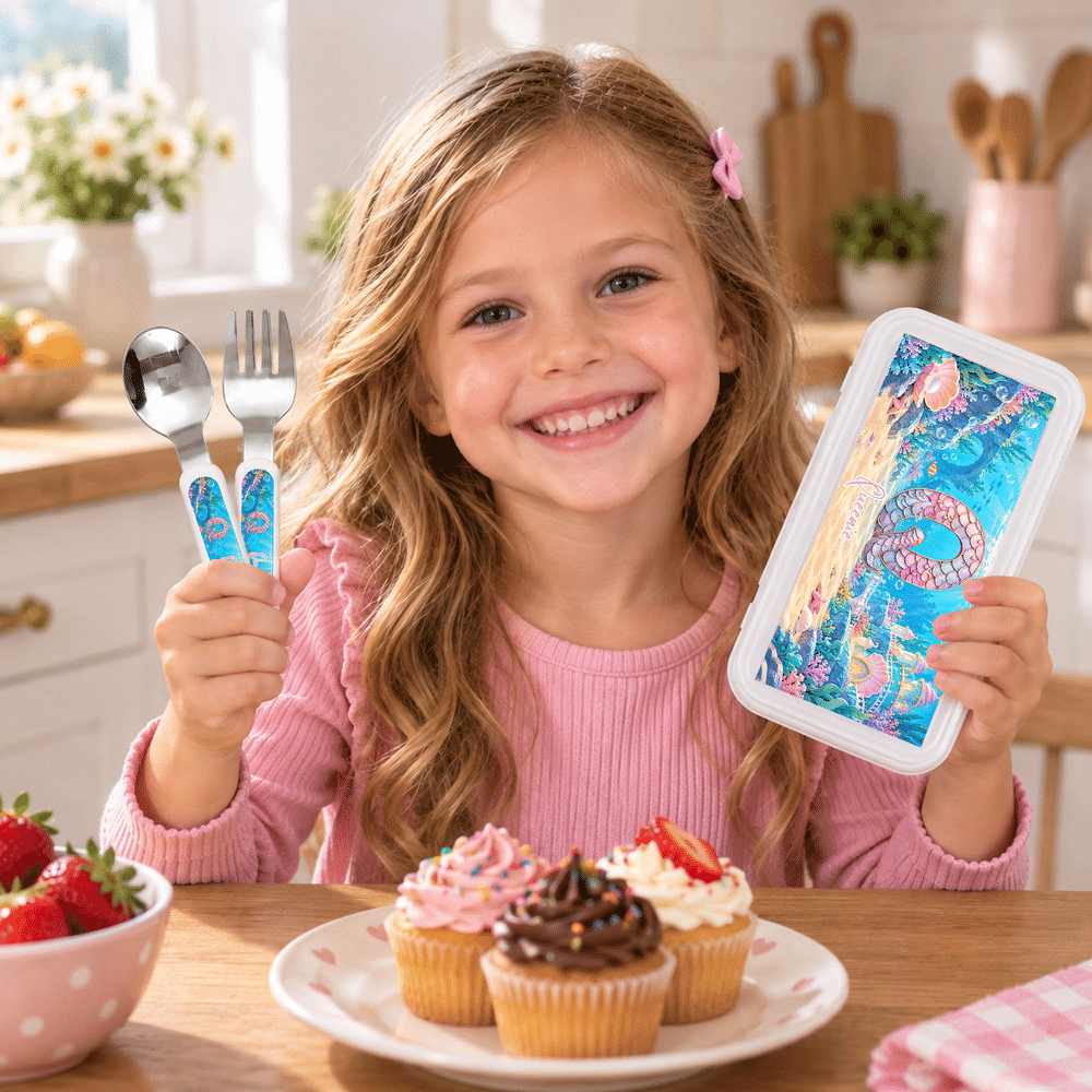 Personalised Lorry Car Mermaid Initial Safe Stainless Steel Fork Spoon Knife Cutlery Set with Name Daily Use Birthday Christmas Gift for Kid 3