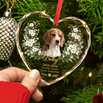 Décoration de Noël personnalisée en verre acrylique représentant une peinture à l'huile d'un animal de compagnie, avec sa photo, sa fleur de naissance, son nom et un texte ; cadeau commémoratif pour l