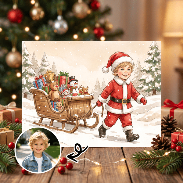 Personalised Christmas Theme Illustration Style Photo Greeting Card with Text Christmas Holiday New Year Gift for Family Friends