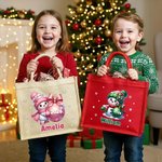 Gepersonaliseerde Schattige Sneeuwpop Sneeuwvlok Grote Jute Zak met Naam en Jaar Kerst Feest Cadeau voor Kinderen