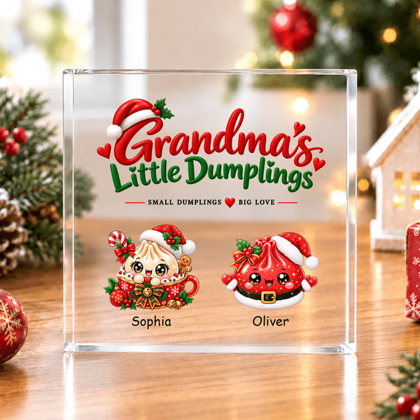 Personalised Christmas Theme Small Dumplings Big Love Square Acrylic Plaque with 2-6 Names Home Decor Christmas Gift for Gran Family