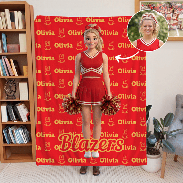 Individuell gestaltete Kuscheldecke mit 3D-Effekt, Cheerleading-Cartoon-Figur und Foto – mit Namen – Geschenk für Cheerleader und Trainer am Spieltag