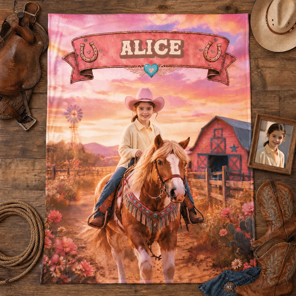 Personalized Vintage Cowgirl Horse Photo Soft Throw Blanket with Name Daily Use Birthday Christmas Gift for Girls Daughters Horse Lovers