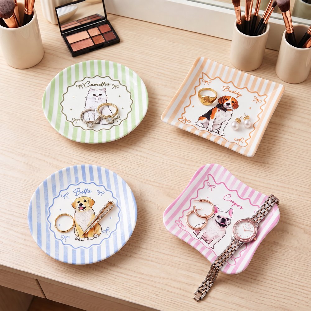 Bandeja decorativa de cerámica con diseño de acuarela personalizada, con la foto de tu mascota y su nombre, ideal como regalo de cumpleaños para mujeres amantes de las mascotas 2