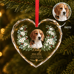Décoration de Noël personnalisée en verre acrylique représentant une peinture à l'huile d'un animal de compagnie, avec sa photo, sa fleur de naissance, son nom et un texte ; cadeau commémoratif pour l