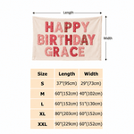 Individuell gestaltetes, farbenfrohes Retro-Patchwork-Banner mit Karomuster, Polka-Dots und Streifen zum Thema „Happy Birthday“ – als Hintergrunddekoration für Kindergeburtstage