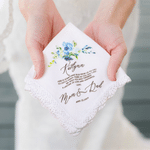 Personalised Wedding Floral Lace 100% Cotton Handkerchief with Name and Date Something Blue Bridal Shower Gift for Brides
