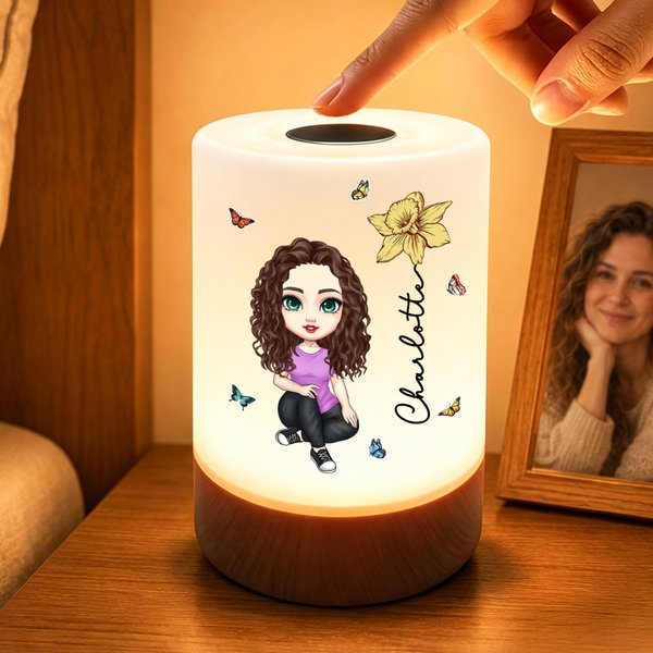 Veilleuse LED tactile à intensité réglable, personnalisée avec un personnage de dessin animé et la fleur de naissance, avec prénom et couleurs réglables – Décoration d'intérieur, cadeau d'anniversaire