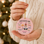 Personalized God Says I Am Cartoon Character Round Ceramic Ornament with Name and Birth Flower Tree Decor Christmas Gift for Christian Believer