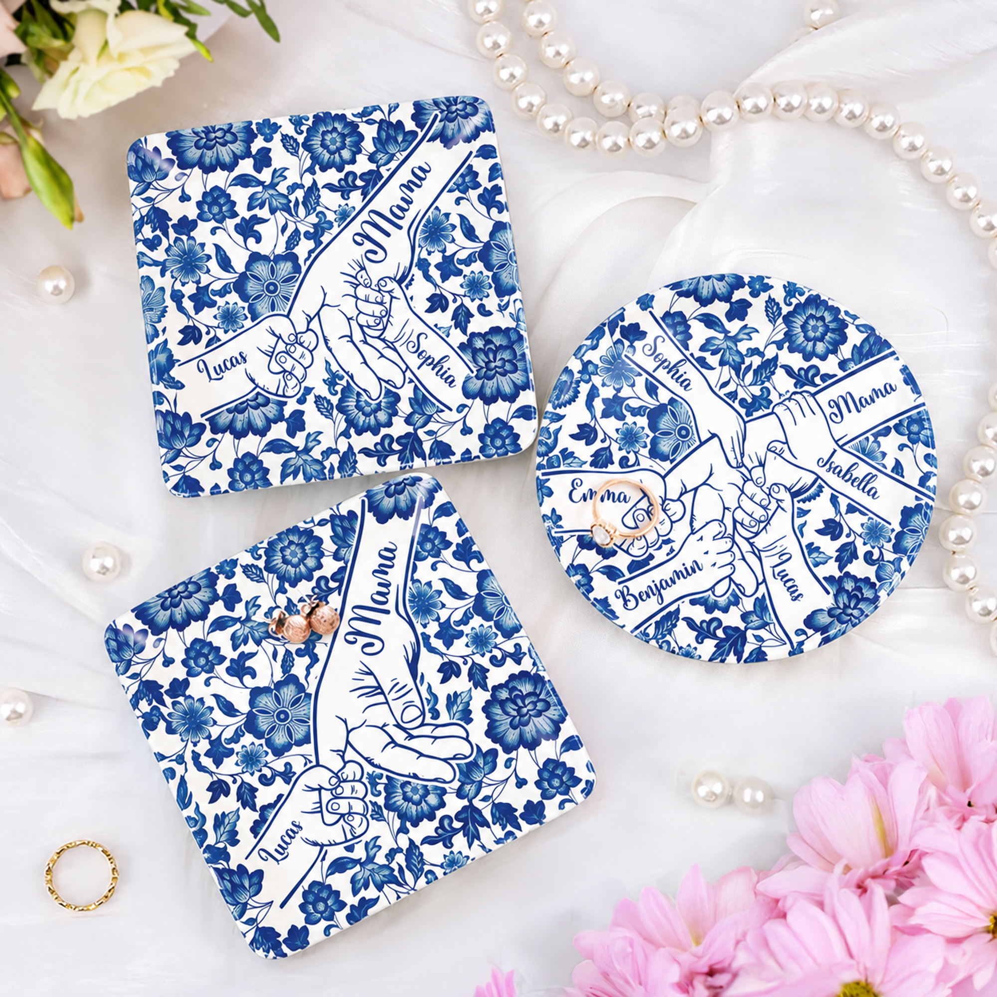 Personalisierte Chinoiserie Blume Hände in den Händen Keramik Trinket Schmuck Schale mit 1-10 Namen Muttertag Geburtstag Geschenk für Mama Oma