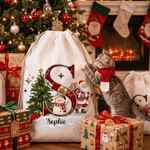 Personalized Santa Claus Snowman Christmas Tree Drawstring Canvas Gift Bag with Name and Initial Christmas Gift for Kids Family