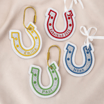 Personalised Embroidered Lucky Horseshoe Glitter U-Shaped Bag Charm with Text Back to School Baby Shower Christmas Gift for Kids Students