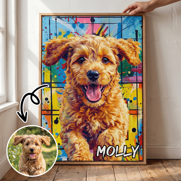 Gepersonaliseerde, kleurrijke abstracte kunst: canvasafdrukken van huisdierenfoto’s in een gestructureerde schaduwstijl, met naam, als woondecoratie. Verzending vanuit de VS. Verjaardagscadeau voor hu