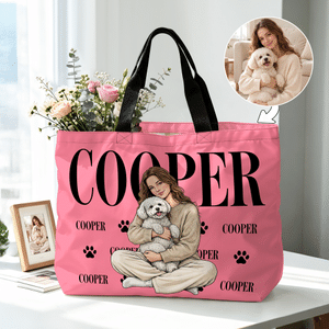 Personalised Trendy Comic Style Photo Large Capacity Tote Bag with Name and Zipper Daily Use Travel Birthday Gift for Pet Owners Lovers