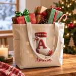 Personalised Christmas Sock Initial Large Capacity Corduroy Tote Bag with Name Travel Essential Christmas Gift for Family Friend