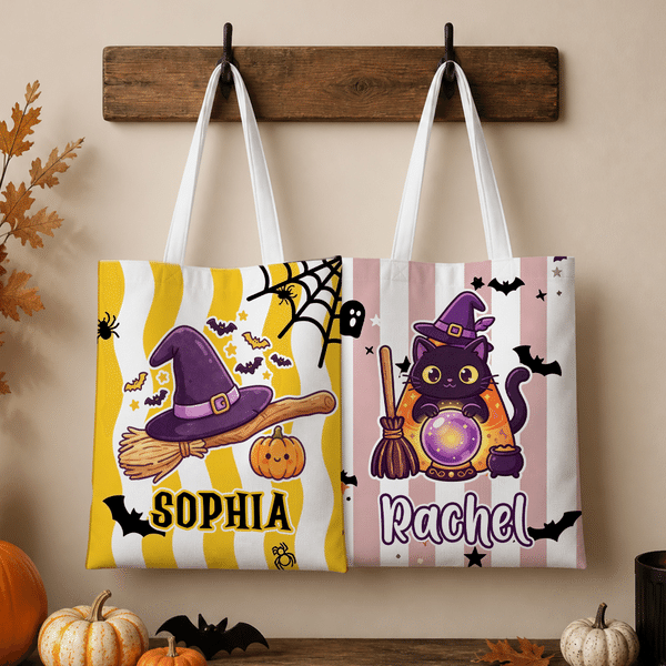 Personalized Halloween Cartoon Wizard Cat Ghost Spider Web Striped Canvas Tote Bag with Name Halloween Party for Kids