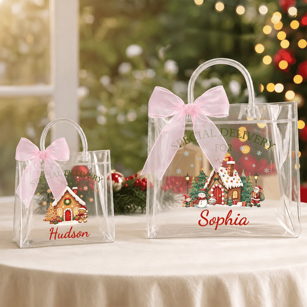 Personalized Snowman Santa Christmas Theme Clear Gift Bag with Name Party Christmas Gift for Family Kids