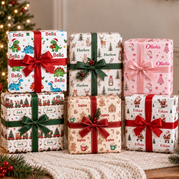 Personalized Santa Claus Gingerbread Man Wrapping Paper with Name Christmas Favor Packing Gift for Kids Friends Family