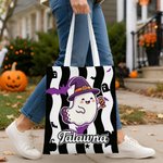 Personalized Halloween Cartoon Wizard Cat Ghost Spider Web Striped Canvas Tote Bag with Name Halloween Party for Kids