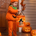 Personalized Halloween Cartoon Witch Oil Painting Style Photo LED Light Bucket Bag with Name Halloween Trick or Treat Activity Gift for Boys Girls