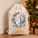 Personalized Cute Snowman Canvas Drawstring Gift Bag with Name Christmas Gift for Boys Girls