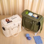 Personalized Cartoon Knitting Character Photo Large Canvas Yarn Storage Bag with Name Needle Pockets and Handle Crochet Birthday Gift for Craft Lovers