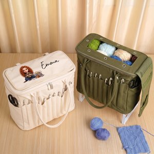 Grand sac de rangement en toile personnalisé, orné d'un personnage de dessin animé tricoté, avec photo, poches pour aiguilles portant le nom et poignée – Cadeau d'anniversaire au crochet pour les pass