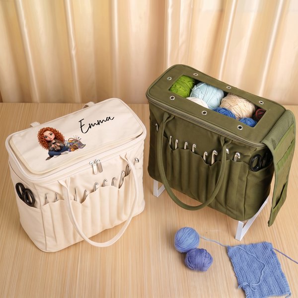 Personalized Cartoon Knitting Character Photo Large Canvas Yarn Storage Bag with Name Needle Pockets and Handle Crochet Birthday Gift for Craft Lovers