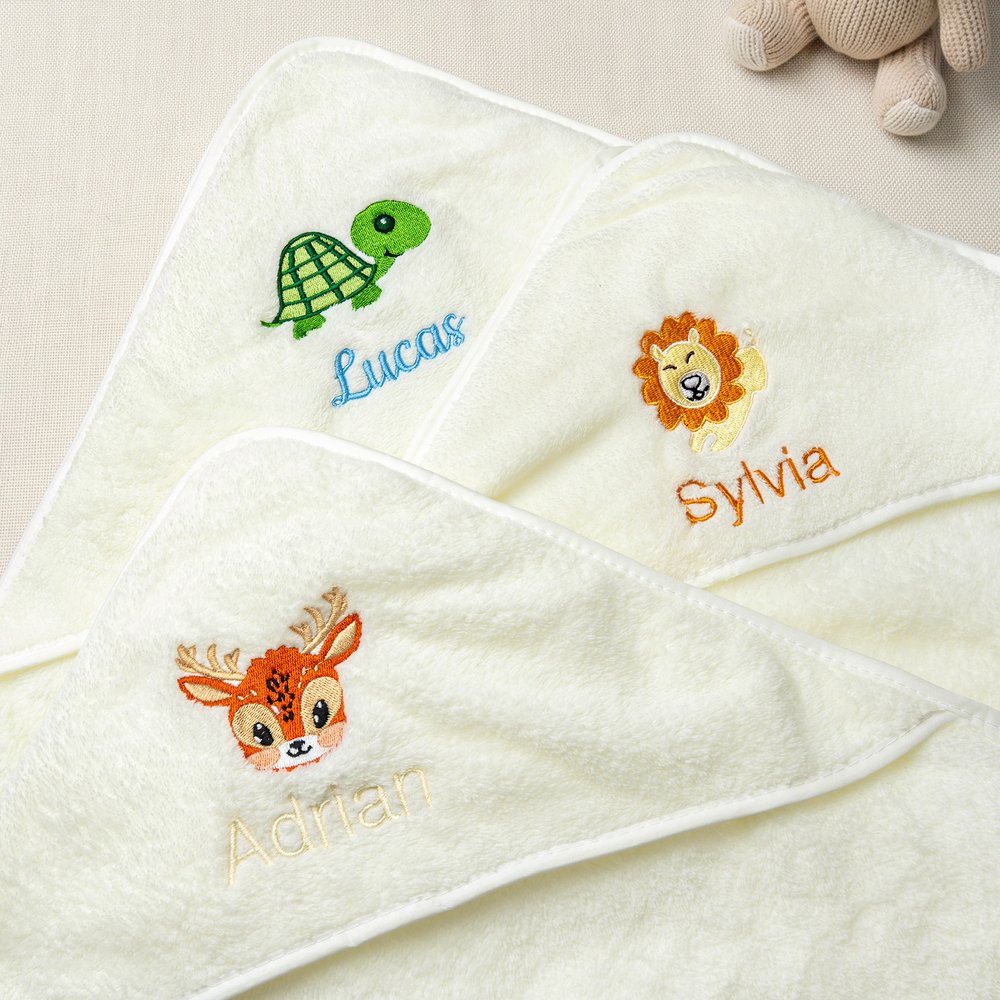 Toalla de baño con capucha, superabsorbente, bordada y personalizada con dibujos animados de animales (elefante y oso), con el nombre del bebé; regalo para el baby shower, ideal para recién nacidos y  5