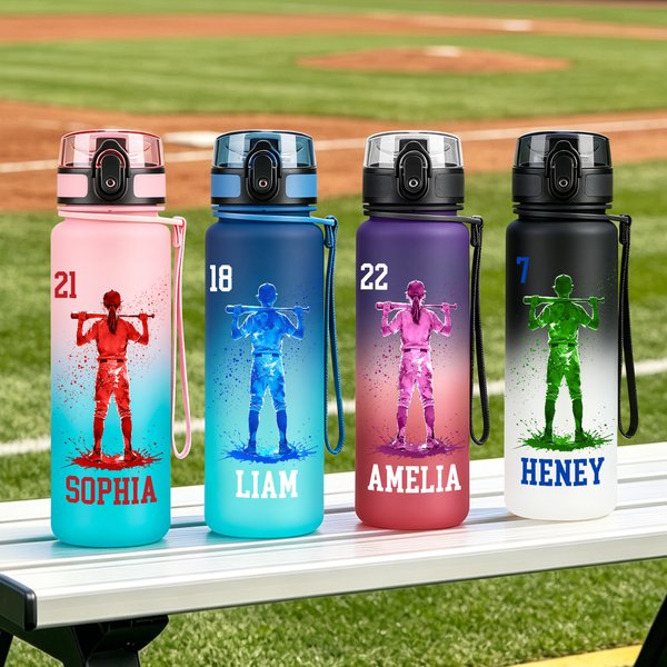 Personalisierte, mehrfarbige Trinkflasche mit Baseball-Silhouette, Name und Nummer – ideal für den täglichen Flüssigkeitsbedarf, auf Reisen und als Geburtstagsgeschenk für Teenager und Sportbegeistert