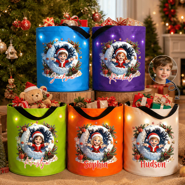 Personalized 3D-Effect Artwork Cartoon Santa Claus Photo Snowball LED Light Bucket Bag with Name Christmas Party Gift for Kids
