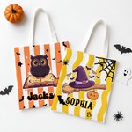 Personalized Halloween Cartoon Wizard Cat Ghost Spider Web Striped Canvas Tote Bag with Name Halloween Party for Kids