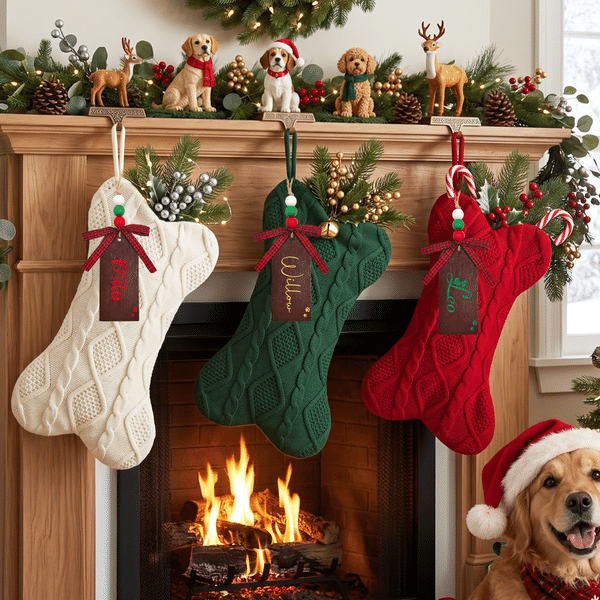 Individuell gestalteter, gestrickter Weihnachtsstrumpf in Knochenform zum Aufhängen mit Namensschild – Dekoration für den Kamin oder den Weihnachtsbaum – Weihnachtsgeschenk für Tierliebhaber