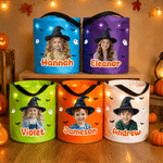 Personalized Halloween Cartoon Witch Oil Painting Style Photo LED Light Bucket Bag with Name Halloween Trick or Treat Activity Gift for Boys Girls