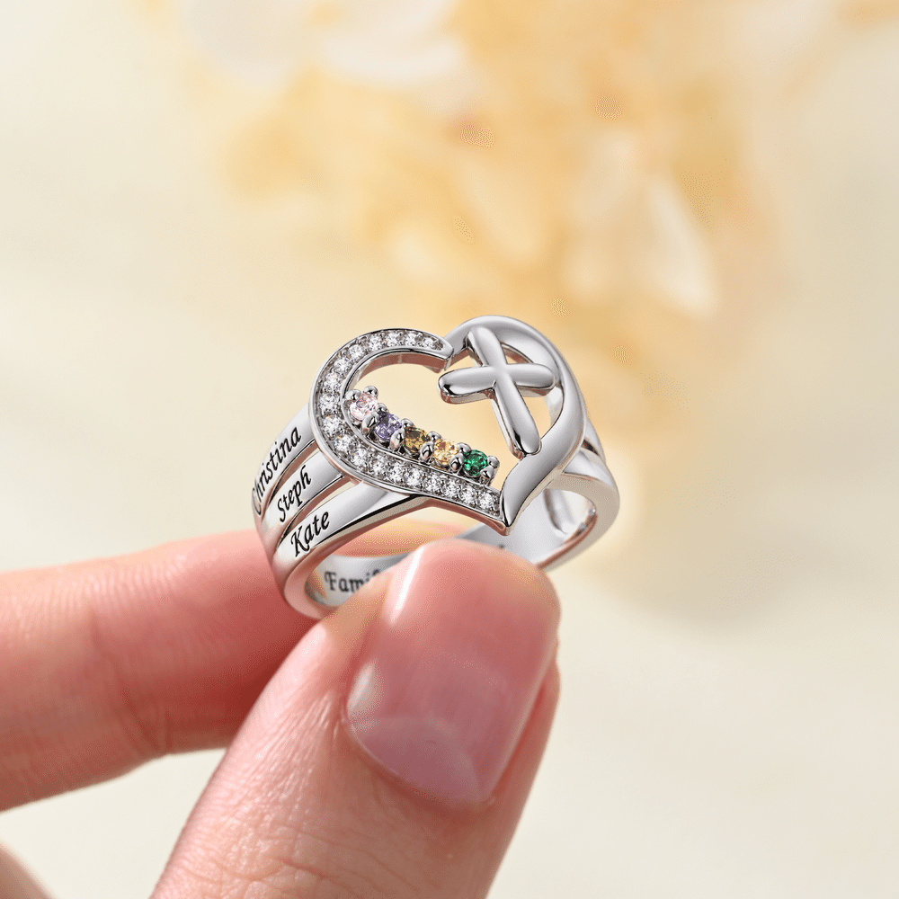 Personalised 1-8 Birthstones Heart Cross Design Sterling Silver Ring with Engraved Names and Text Birthday Anniversary Gift for Women Christians 5