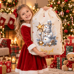Personalized Cute Snowman Canvas Drawstring Gift Bag with Name Christmas Gift for Boys Girls